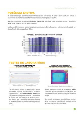 FORMAÇÃO INTEGRAL ROINTE
No teste realizado por laboratórios independentes se usou um radiador da Série C de 1.430W para simular o
aquecimento de uma habitação de 12 m², estabelecendo uma temperatura de 21°C.
Graças a sua exclusiva tecnologia de Optimizer Energy Plus, a potência média consumida durante o teste foi de
560W, o que supõe um 40% da potência nominal.
Isto é o que deﬁnimos como coeﬁciente equivalente de consumo. Se multiplicamos a potência nominal instalada por
dito coeﬁciente obtemos a potência efetiva.
O objetivo de um sistema de aquecimento consiste
em alcançar e manter uma temperatura estável no
lugar a aclimatar.Com o Sistema Digital Rointe,num
curto intervalo conseguimos estabilizar a temperatura
do recinto com uma variação de tão só ±0,07°C.
Isto provoca que a humidade relativa do ambiente
se mantenha dentro dos limites saldáveis (entre 50
e 70%).
Durante o teste os produtos de aquecimento Rointe
trabalham com baixas temperaturas superﬁciais, em
torno a 40°C uma vez alcançado o regime de trabalho
estável.
Uma elevada temperatura superﬁcial pode provocar
danos em pessoas especialmente sensíveis, como
pode ser o caso de crianças e idosos.
POTÊNCIA EFETIVA
TESTES DE LABORATÓRIO
EVOLUÇÃO DA TEMPERATURA
E HUMIDADE RELATIVAS
SEGURANÇA DO PRODUTO
(TEMPERATURAS SUPERFICIAIS)
POTÊNCIA INSTANTÂNEA E POTÊNCIA EFETIVA
Potência instantânea (W)
Termograﬁa do produto durante o período estacionário.Temperatura ambiente (°C) Humidade relativa (°C)
Potência efetiva (W)
13
 