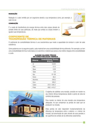 FORMAÇÃO INTEGRAL ROINTE
RADIAÇÃO
Radiação é o calor emitido por um organismo devido a sua temperatura como, por exemplo, o
calor do sol.
CONDUÇÃO
É o modo de transferência de energia térmica entre dois corpos através do
contato direto de suas partículas, de modo que ambos os corpos tendem a
igualar suas temperaturas.
COEFICIENTE DE
TRANSMISSÃO TÉRMICA DE MATERIAIS
O coeﬁciente de condutibilidade térmica é una característica que mede a capacidade de conduzir o calor de cada
substância.
Como podemos ver no seguinte quadro, cada material tem uma condutibilidade térmica diferente. Por exemplo o ar tem
uma condutibilidade térmica muito baixa e é o alumínio o material que possui uma melhor relação entre condutibilidade
e custo.
O objetivo de calafetar uma morada, consiste em manter no
seu interior ótimas temperaturas desde o ponto de vista do
conforto das pessoas.
Para manter no interior de uma morada uma temperatura
adequada, há que compensar as perdas de calor que se
produzem na morada.
Ditas perdas de calor dependem fundamentalmente da
diferença de temperatura entre o exterior e o interior da
morada, da transmissão de calor através de suas paredes e
da superfície de contato de los diferentes isolamentos.
ALGUNS VALORES TÍPICOS
DE CONDUTIBILIDADE TÉRMICA
Material
Condutibilidade Térmica
W/(m·K)
Ar 0,024
Óleo 0,13
Água 0,58
Tijolo 0,8
Aço 47–58
Ferro 80,2
Alumínio 209,3
Ouro 308,2
Cobre 372,1–385,3
Prata 406,1–418,7
Radiação
Condução
5
 