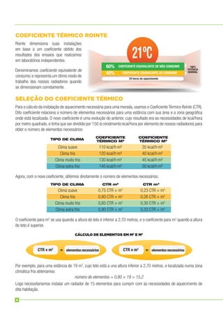 COEFICIENTE TÉRMICO ROINTE
Rointe dimensiona suas instalações
em base a um coeﬁciente obtido dos
resultados dos ensaios que realizamos
em laboratórios independentes.
Denominamos coeﬁciente equivalente de
consumo, e representa um ótimo modo de
trabalho dos nossos radiadores quando
se dimensionam corretamente.
SELEÇÃO DO COEFICIENTE TÉRMICO
Para o cálculo da instalação de aquecimento necessária para uma morada, usamos o Coeﬁciente Térmico Rointe (CTR).
Dito coeﬁciente relaciona o número de elementos necessários para uma estância com sua área e a zona geográﬁca
onde está localizada. O novo coeﬁciente é uma evolução do anterior, cujo resultado era as necessidades de kcal/hora
por metro quadrado, e tinha que ser dividido por 150 (o rendimento kcal/hora por elemento de nossos radiadores) para
obter o número de elementos necessários:
TIPO DE CLIMA
COEFICIENTE
TÉRMICO M2
COEFICIENTE
TÉRMICO M2
Clima suave 110 kcal/h·m² 35 kcal/h·m²
Clima frio 120 kcal/h·m² 40 kcal/h·m²
Clima muito frio 130 kcal/h·m² 45 kcal/h·m²
Clima extra frio 140 kcal/h·m² 50 kcal/h·m²
Agora, com o novo coeﬁciente, obtemos diretamente o número de elementos necessários:
TIPO DE CLIMA CTR m2
CTR m3
Clima suave 0,75 CTR × m2
0,23 CTR × m3
Clima frio 0,80 CTR × m2
0,26 CTR × m3
Clima muito frio 0,85 CTR × m2
0,30 CTR × m3
Clima extra frio 0,90 CTR × m2
0,33 CTR × m3
O coeﬁciente para m2
se usa quando a altura do teto é inferior a 2,70 metros, e o coeﬁciente para m3
quando a altura
do teto é superior.
CTR x m2
CÁLCULO DE ELEMENTOS EM M2
E M3
CTR x m3
= =elementos necessários elementos necessários
Por exemplo, para uma estância de 19 m2
, cujo teto está a una altura inferior a 2,70 metros, e localizada numa zona
climática fria obteríamos:
número de elementos = 0,80 × 19 = 15,2
Logo necessitaríamos instalar um radiador de 15 elementos para cumprir com as necessidades de aquecimento de
dita habitação.
60% COEFICIENTE EQUIVALENTE DE NÃO CONSUMO
COEFICIENTE EQUIVALENTE DE CONSUMO
24 horas do aquecimento
100%
POTÊNCIA
NOMINAL
40%
6
 