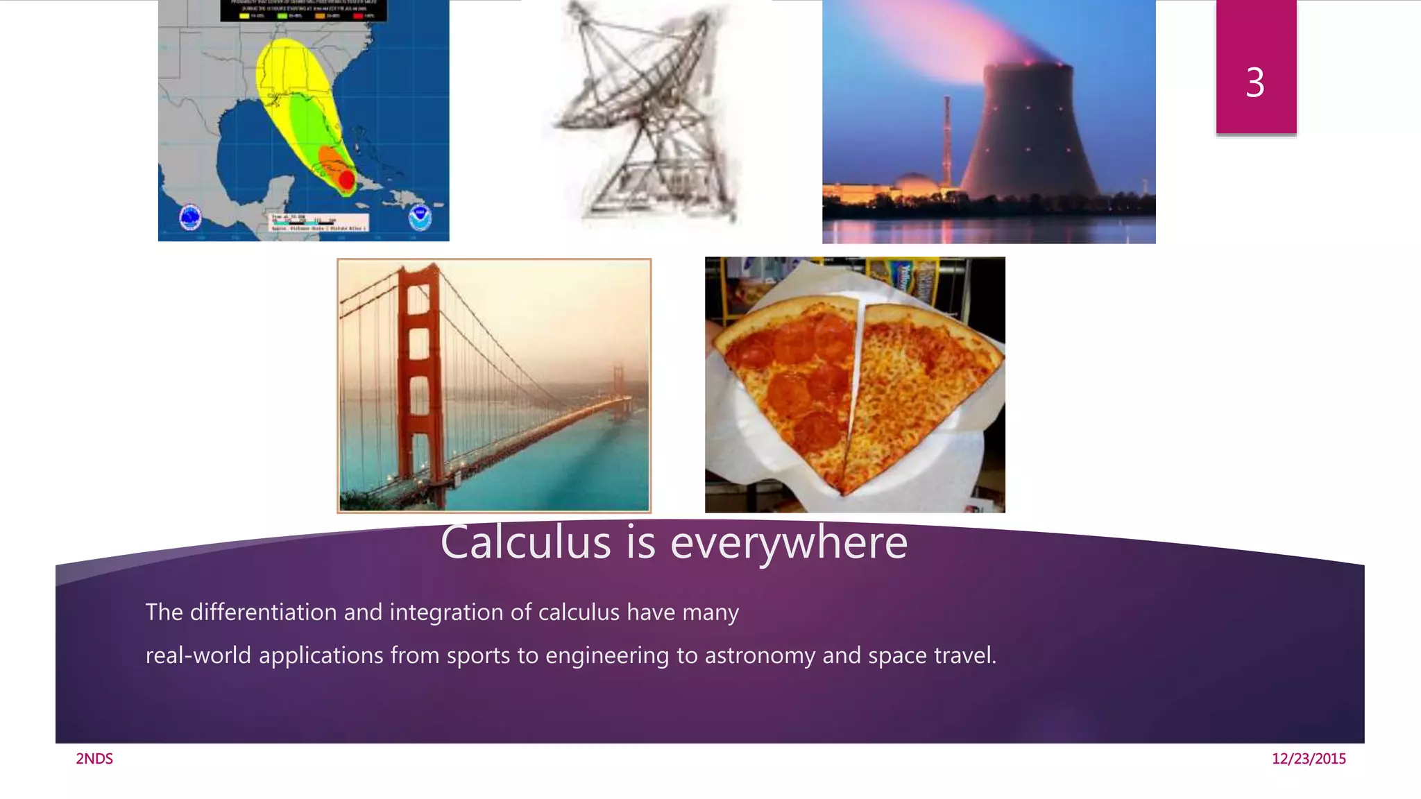 Calculus is everywhere
The differentiation and integration of calculus have many
real-world applications from sports to engineering to astronomy and space travel.
12/23/20152NDS
3
 