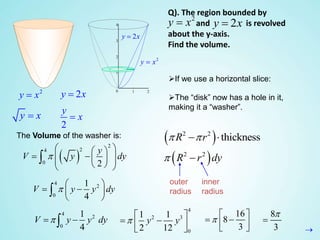0
1
2
3
4
1 2
Q). The region bounded by
and is revolved
about the y-axis.
Find the volume.
2
y x 2y x
The “disk” now has a hole in it,
making it a “washer”.
If we use a horizontal slice:
The Volume of the washer is:  2 2
thicknessR r  
 2 2
R r dy 
outer
radius
inner
radius
2y x
2
y
x
2
y x
y x
2
y x
2y x
 
2
24
0 2
y
V y dy
  
      

4
2
0
1
4
V y y dy
 
  
 

4
2
0
1
4
V y y dy 
4
2 3
0
1 1
2 12
y y
 
   
16
8
3

 
   
8
3



 