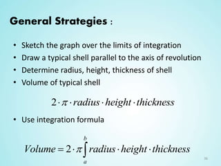 36
General Strategies :
• Sketch the graph over the limits of integration
• Draw a typical shell parallel to the axis of revolution
• Determine radius, height, thickness of shell
• Volume of typical shell
• Use integration formula
2 radius height thickness   
2
b
a
Volume radius height thickness   
 