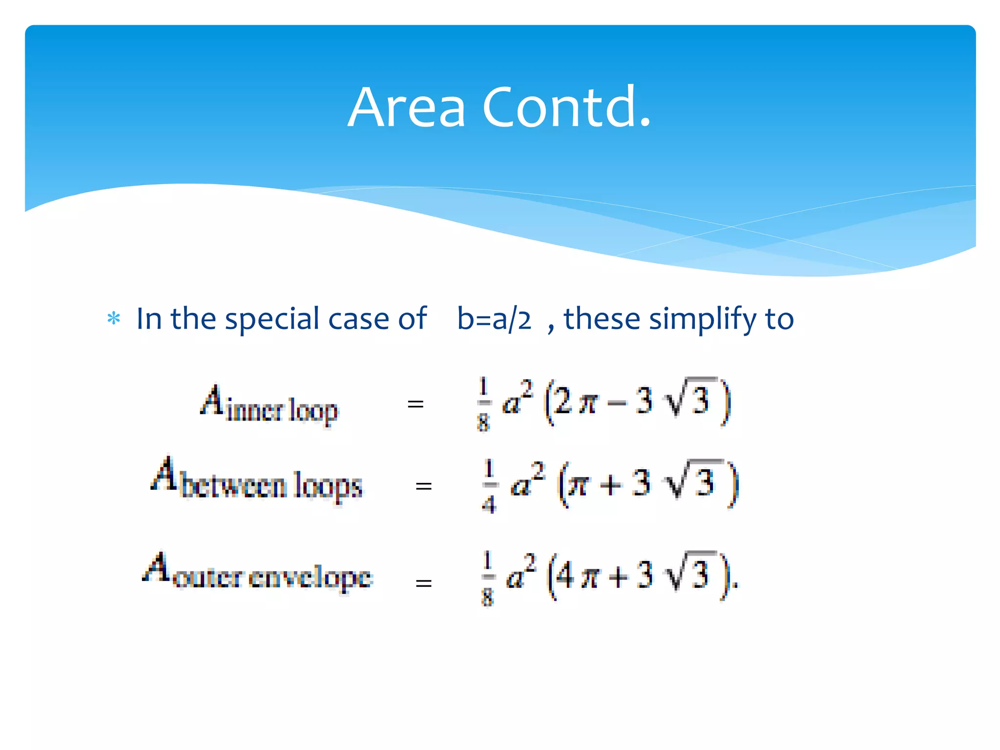  In the special case of b=a/2 , these simplify to
Area Contd.
=
=
=
 
