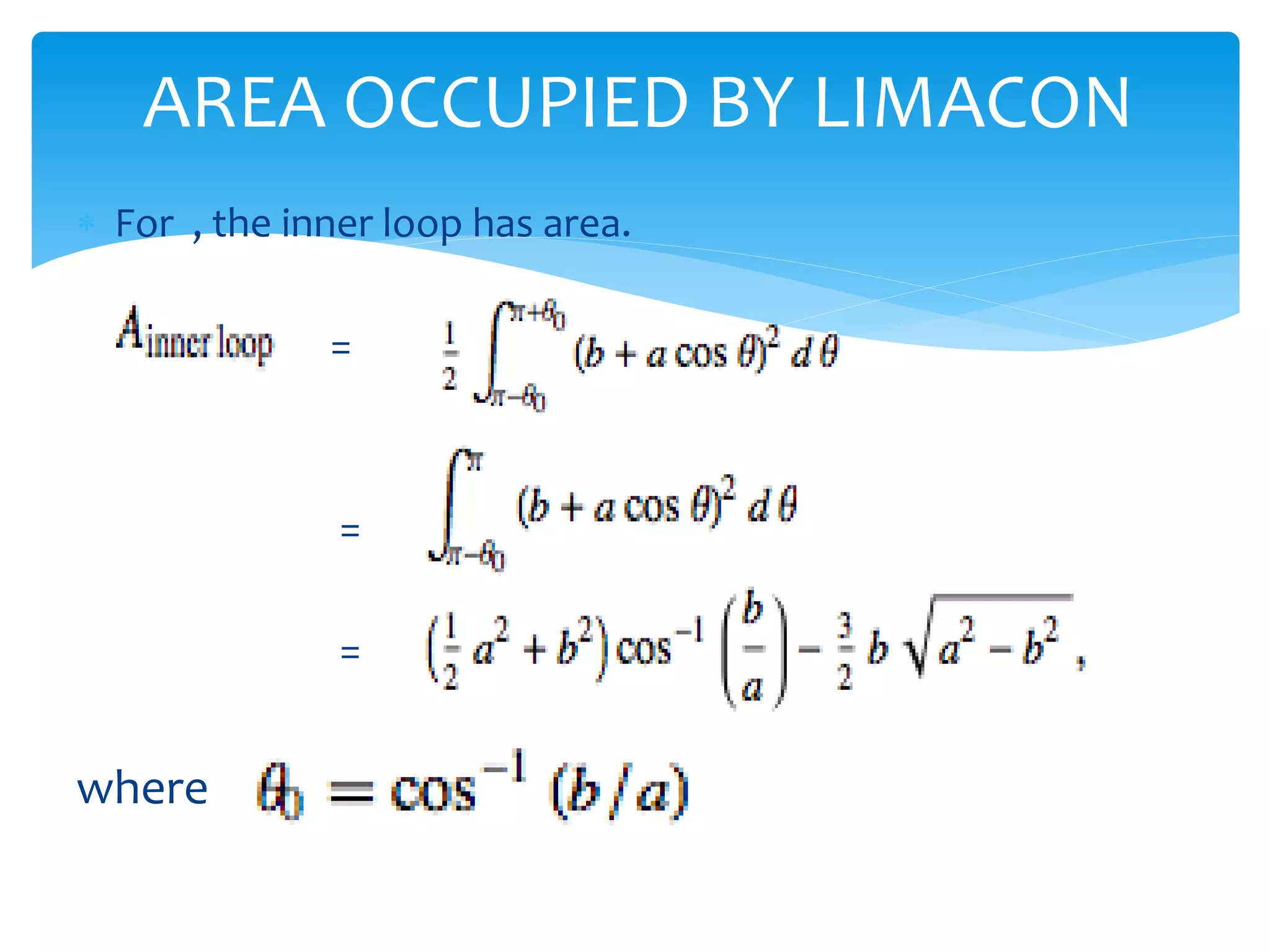  For , the inner loop has area.
=
=
=
where .
AREA OCCUPIED BY LIMACON
 