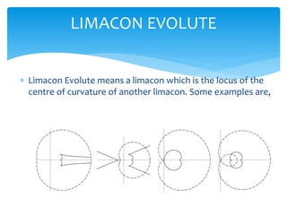 ? Limacon Evolute means a limacon which is the locus of the
centre of curvature of another limacon. Some examples are,
LIMACON EVOLUTE
 