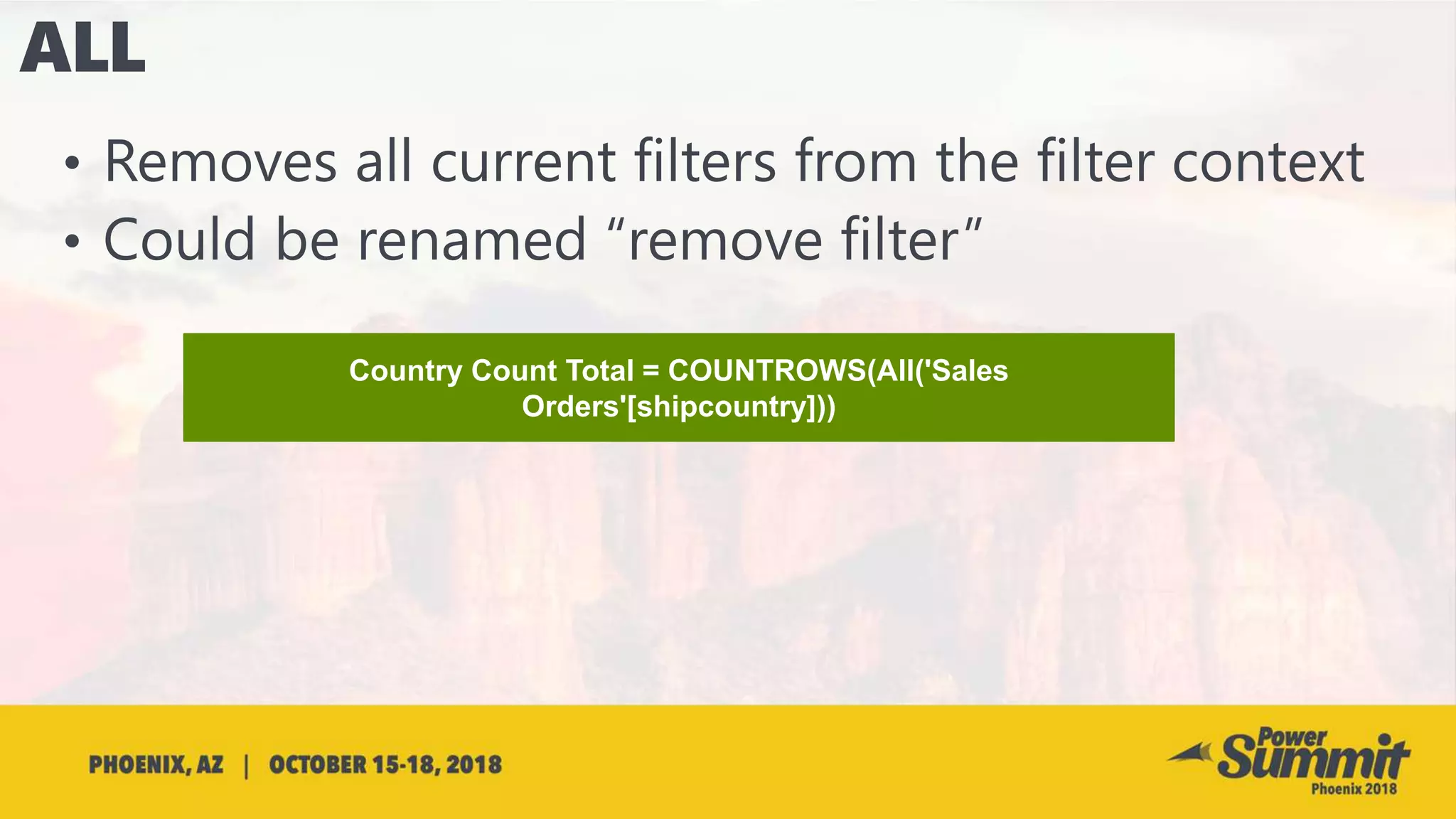 Country Count Total = COUNTROWS(All('Sales
Orders'[shipcountry]))
 