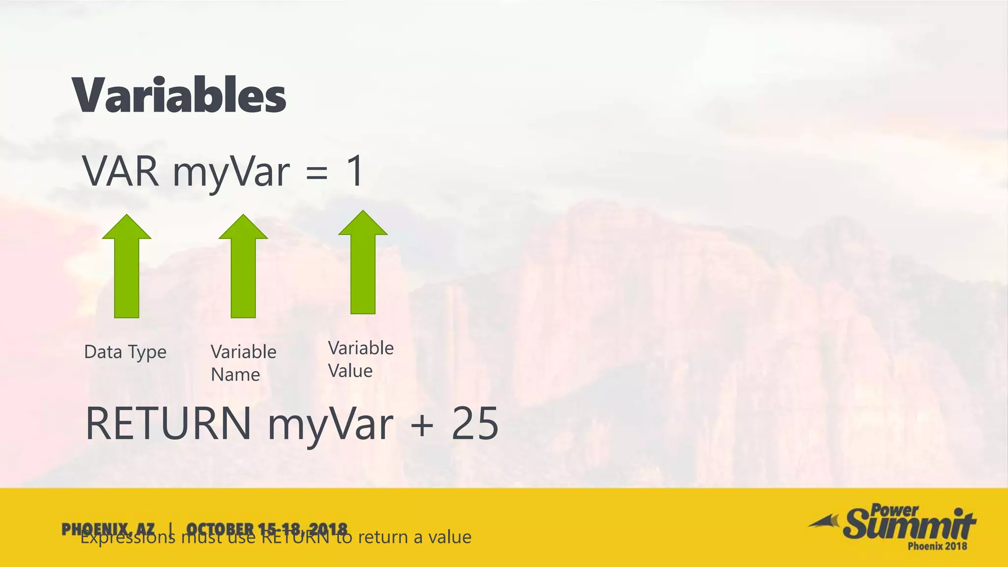 Data Type Variable
Name
Variable
Value
RETURN myVar + 25
Expressions must use RETURN to return a value
 