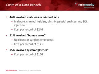 Costs of a Data Breach
• 44% involved malicious or criminal acts
– Malware, criminal insiders, phishing/social engineering, SQL
injection
– Cost per record of $246
• 31% involved “human error”
– Negligent or careless employees
– Cost per record of $171
• 25% involved system “glitches”
– Cost per record of $160
 