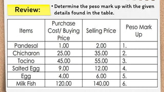 • Determine the peso mark up with the given
details found in the table.
Review:
 