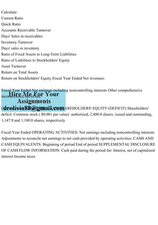 Calculate:
Current Ratio
Quick Ratio
Accounts Receivable Turnover
Days' Sales in receivables
Inventory Turnover
Days' sales in inventory
Ratio of Fixed Assets to Long-Term Liabilities
Ratio of Liabilities to Stockholders' Equity
Asset Turnover
Return on Total Assets
Return on Stockholders' Equity Eiscal Year Ended Net revenues:
Eiscal Year Ended Net earnings including noncontrolling interests Other comprehensive
income/(loss), net of tax:
Current assets: LIABILITIES AND SHAREHOLDERS' EQUITY/(DEFICIT) Shareholders'
deficit: Common stock ( $0.001 par value) authorized, 2,400.0 shares; issued and outstanding,
1,147.9 and 1,180.0 shares, respectively
Fiscal Year Ended OPERATING ACTIVITIES: Net earnings including noncontrolling interests
Adjustments to reconcile net earnings to net cash provided by operating activities: CASH AND
CASH EQUIVALENTS: Beginning of period End of period SUPPLEMENTAL DISCLOSURE
OF CASH FLOW INFORMATION: Cash paid during the period for: Interest, net of capitalized
interest Income taxes
 