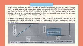 The previous equation has the same form as that of the equation of a line, y = mx + b, where
m is the slope and b is the y-intercept. Hence, if displacement (d) is plotted against time (t)
as shown in figure (a), the graph must be a straight line with a slope equal to average
velocity (v) and a y-intercept equal to zero. Since the velocity is constant, the average
velocity is also equal to the instantaneous velocity.
The graph of velocity versus time must be a horizontal line as shown in figure (b) . The
displacement may be obtained by computing the area bounded by the horizontal line and
the time axis.
 