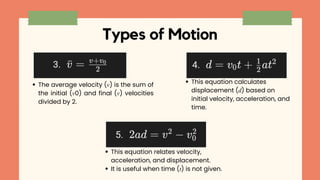 Types of Motion
The average velocity (𝑣) is the sum of
the initial (𝑣0) and final (𝑣) velocities
divided by 2.
This equation calculates
displacement (𝑑) based on
initial velocity, acceleration, and
time.
This equation relates velocity,
acceleration, and displacement.
It is useful when time (𝑡) is not given.
 