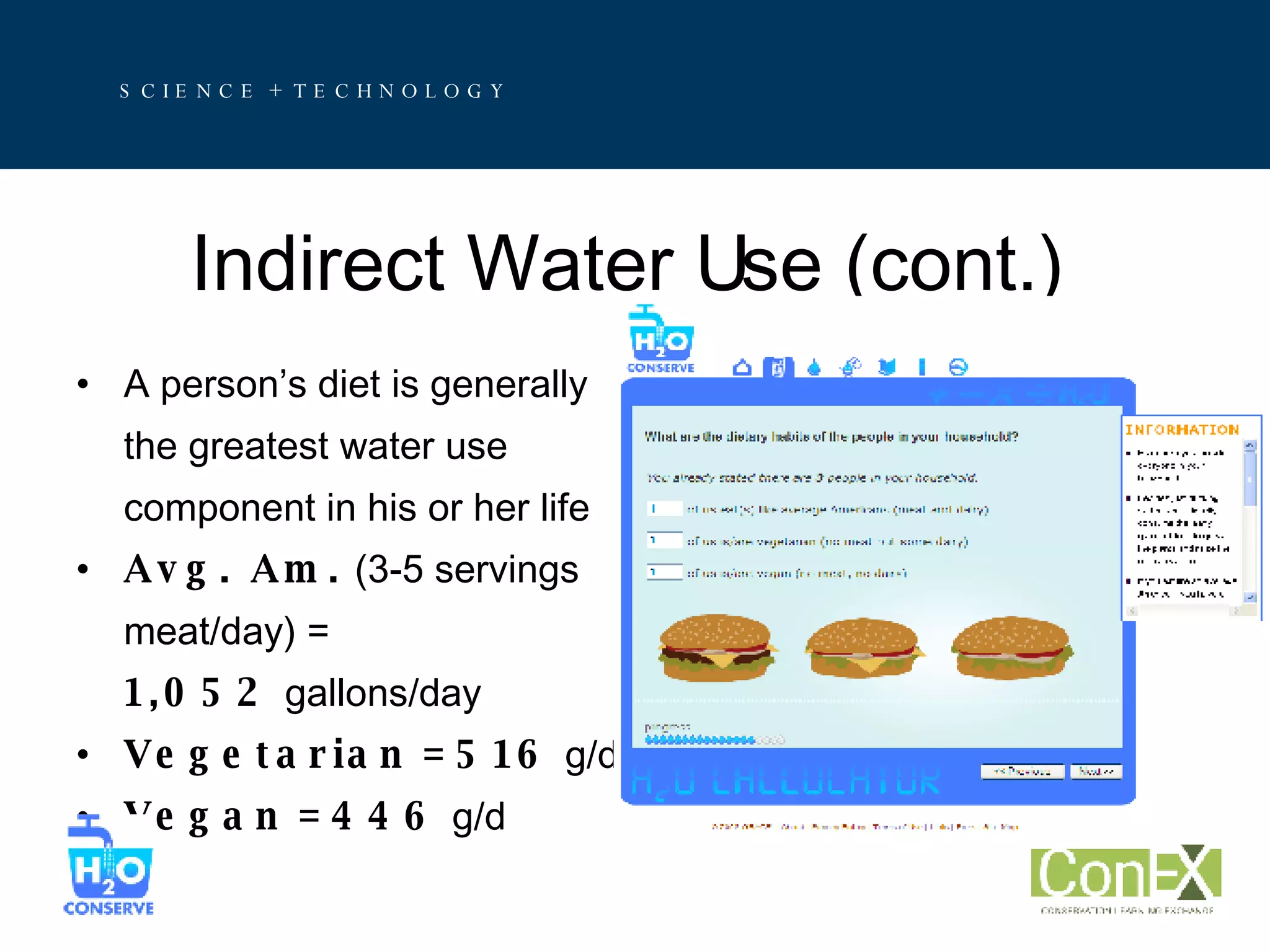 Indirect Water Use (cont.) A person’s diet is generally the greatest water use  component in his or her life Avg. Am.  (3-5 servings  meat/day) =  1,052  gallons/day Vegetarian  =  516  g/d Vegan  =  446  g/d 