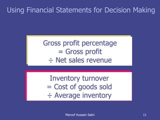 Using Financial Statements for Decision Making Inventory turnover = Cost of goods sold ÷ Average inventory Gross profit percentage = Gross profit ÷ Net sales revenue Maroof Hussain Sabri 
