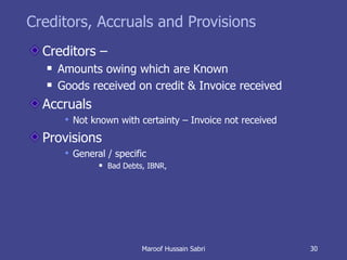 Creditors, Accruals and Provisions Creditors –  Amounts owing which are Known Goods received on credit & Invoice received Accruals Not known with certainty – Invoice not received Provisions General / specific Bad Debts, IBNR, Maroof Hussain Sabri 