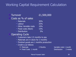Working Capital Requirement Calculation Turnover £1,500,000 Costs as % of sales Materials 30% Labour  25% Other Variable costs 10% Fixed costs (Rent) 15% Distribution   5% Operating Cycle Customers take 2.5 months to pay Materials are in stock for 3 months Finished goods are 1 months production Credit is as follows Materials  2 Months Variable costs 1 month Fixed Costs  1 month  Distributio n  2 weeks Maroof Hussain Sabri 