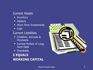 Current Assets Inventory Debtors Short Term Investments Cash Current Liabilities Creditors, Accruals & Provisions  Current Portion of Long Term Debt Overdrafts Σ  EQUALS WORKING CAPITAL Maroof Hussain Sabri 