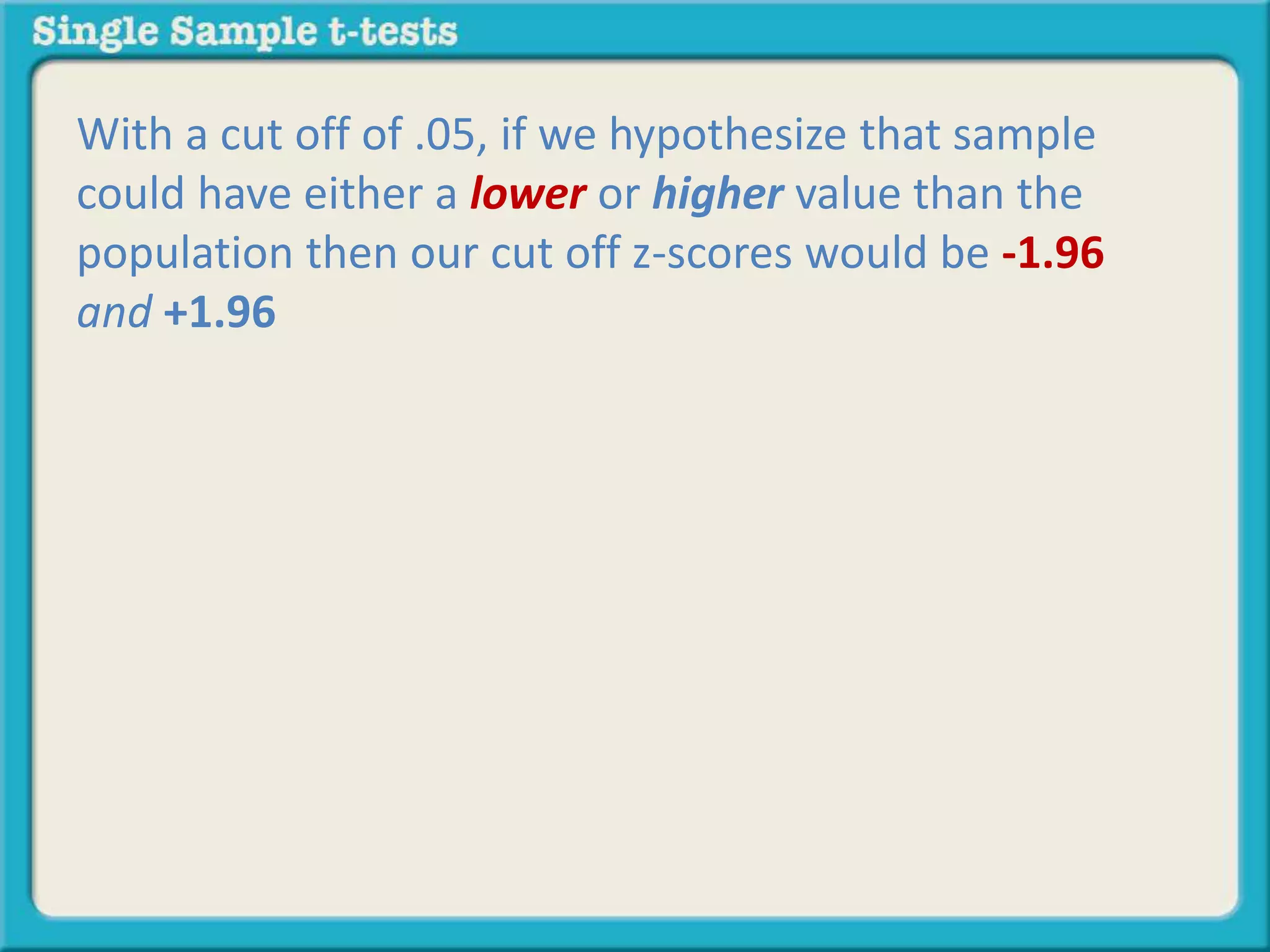 With a cut off of .05, if we hypothesize that sample
could have either a lower or higher value than the
population then our cut off z-scores would be -1.96
and +1.96
 