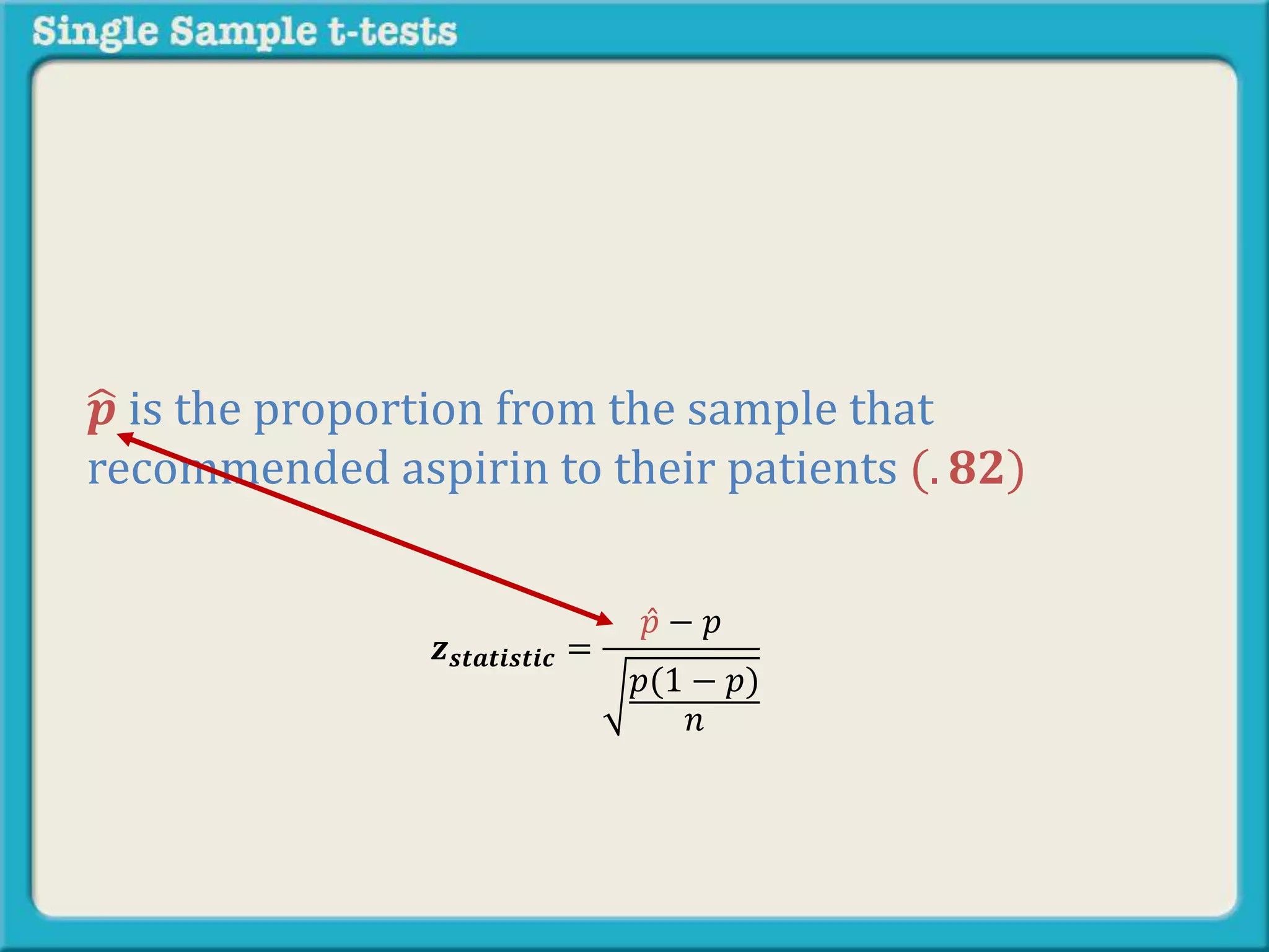 𝒑 is the proportion from the sample that
recommended aspirin to their patients (. 𝟖𝟐)
𝒛 𝒔𝒕𝒂𝒕𝒊𝒔𝒕𝒊𝒄 =
𝑝 − 𝑝
𝑝(1 − 𝑝)
𝑛
 