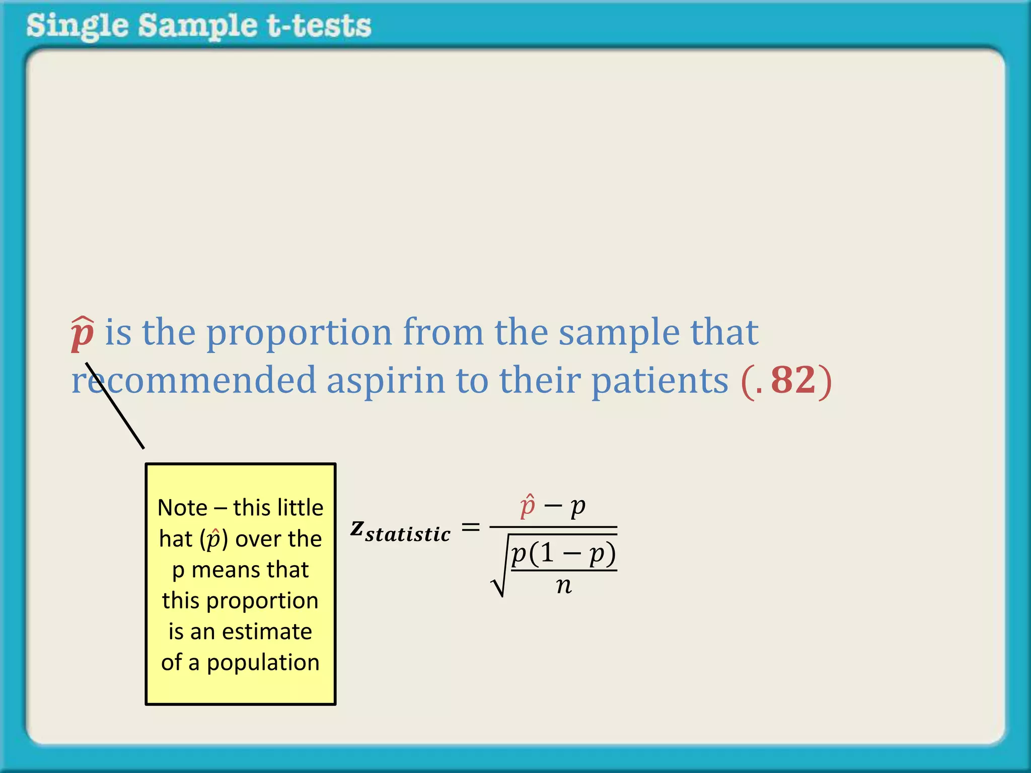 𝒑 is the proportion from the sample that
recommended aspirin to their patients (. 𝟖𝟐)
𝒛 𝒔𝒕𝒂𝒕𝒊𝒔𝒕𝒊𝒄 =
𝑝 − 𝑝
𝑝(1 − 𝑝)
𝑛
Note – this little
hat ( 𝑝) over the
p means that
this proportion
is an estimate
of a population
 