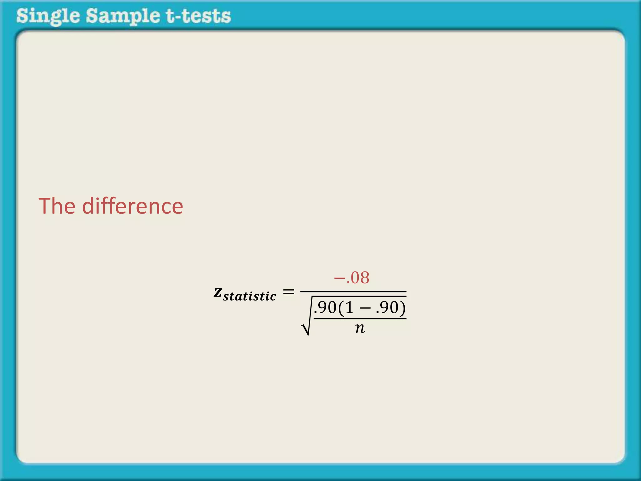 𝒛 𝒔𝒕𝒂𝒕𝒊𝒔𝒕𝒊𝒄 =
−.08
.90(1 − .90)
𝑛
The difference
 