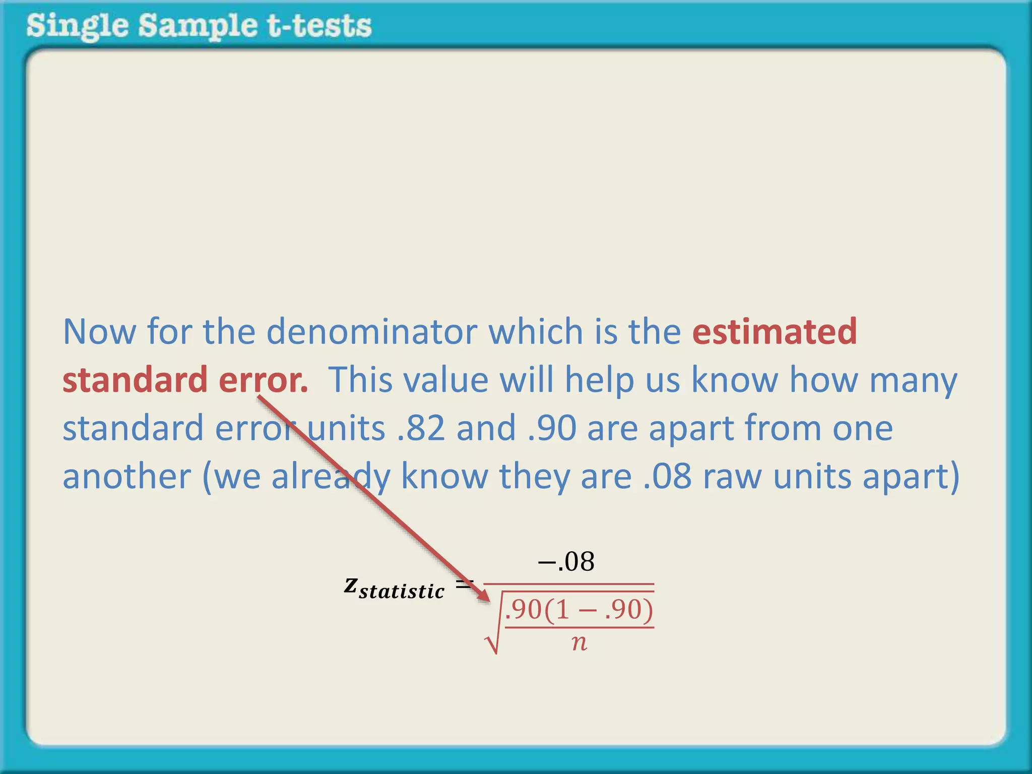 𝒛 𝒔𝒕𝒂𝒕𝒊𝒔𝒕𝒊𝒄 =
−.08
.90(1 − .90)
𝑛
Now for the denominator which is the estimated
standard error. This value will help us know how many
standard error units .82 and .90 are apart from one
another (we already know they are .08 raw units apart)
 