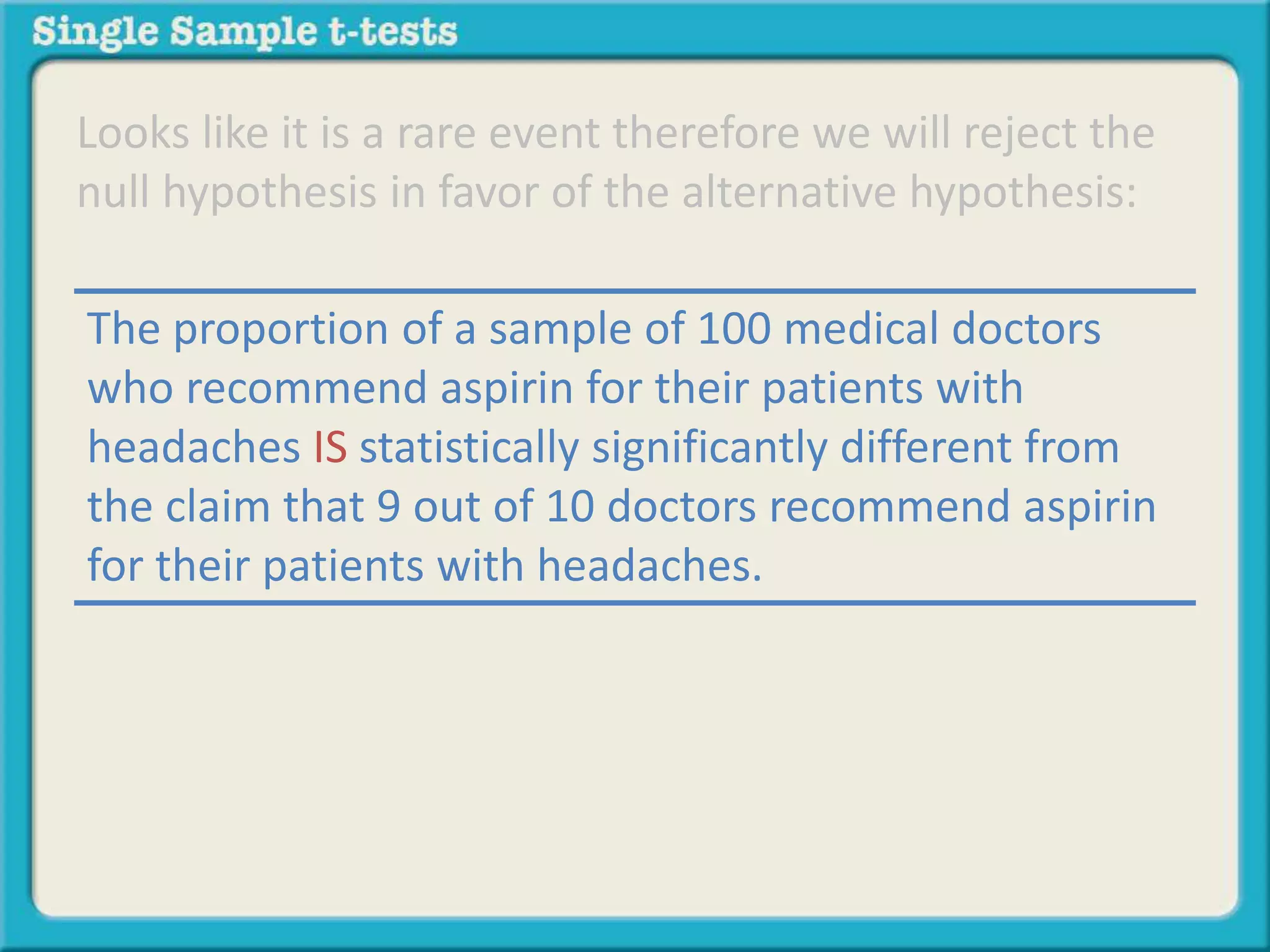 Looks like it is a rare event therefore we will reject the
null hypothesis in favor of the alternative hypothesis:
The proportion of a sample of 100 medical doctors
who recommend aspirin for their patients with
headaches IS statistically significantly different from
the claim that 9 out of 10 doctors recommend aspirin
for their patients with headaches.
 