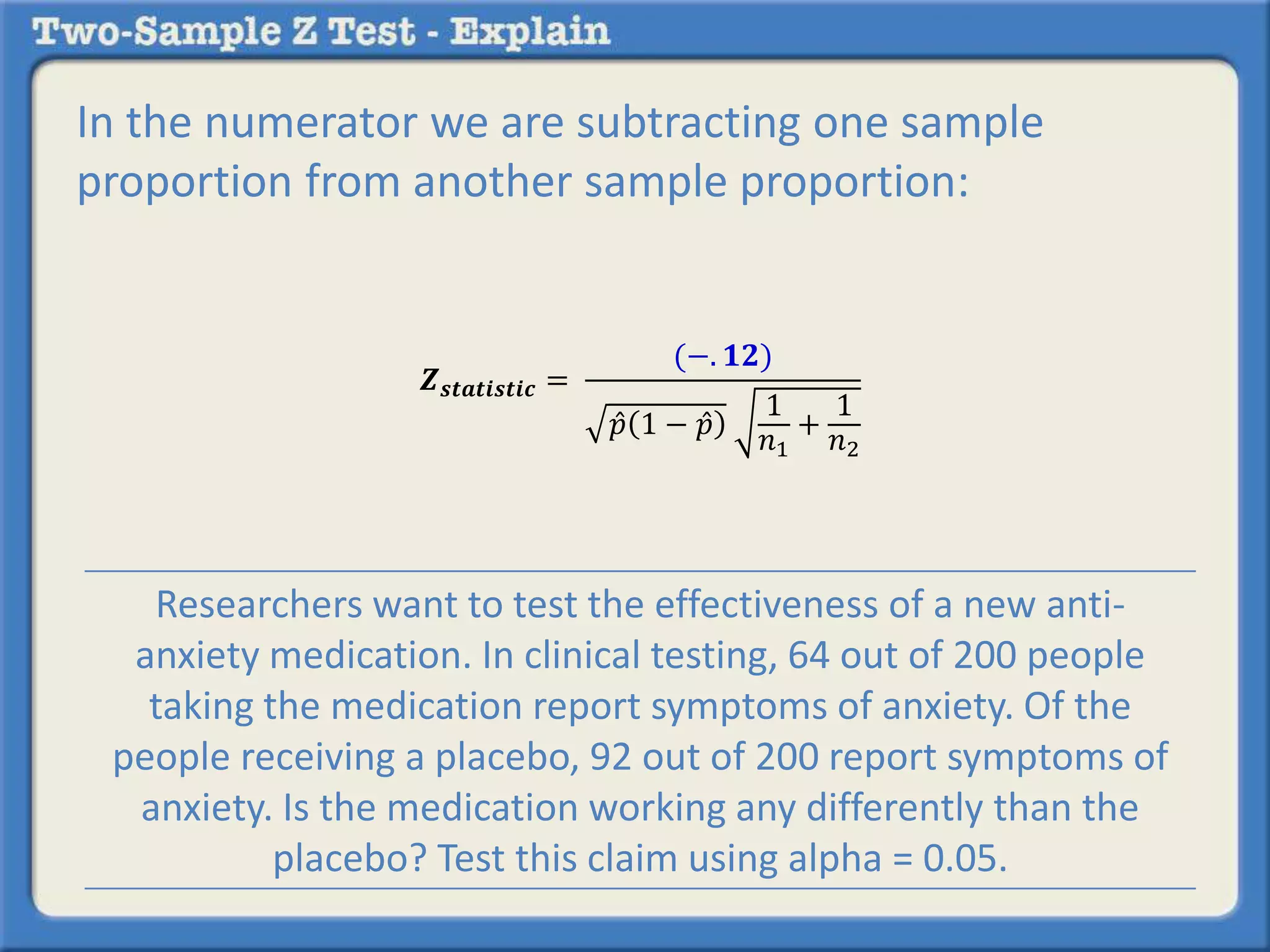 In the numerator we are subtracting one sample
proportion from another sample proportion:
𝒁 𝒔𝒕𝒂𝒕𝒊𝒔𝒕𝒊𝒄 =
(−. 𝟏𝟐)
𝑝 1 − 𝑝
1
𝑛1
+
1
𝑛2
Researchers want to test the effectiveness of a new anti-
anxiety medication. In clinical testing, 64 out of 200 people
taking the medication report symptoms of anxiety. Of the
people receiving a placebo, 92 out of 200 report symptoms of
anxiety. Is the medication working any differently than the
placebo? Test this claim using alpha = 0.05.
 