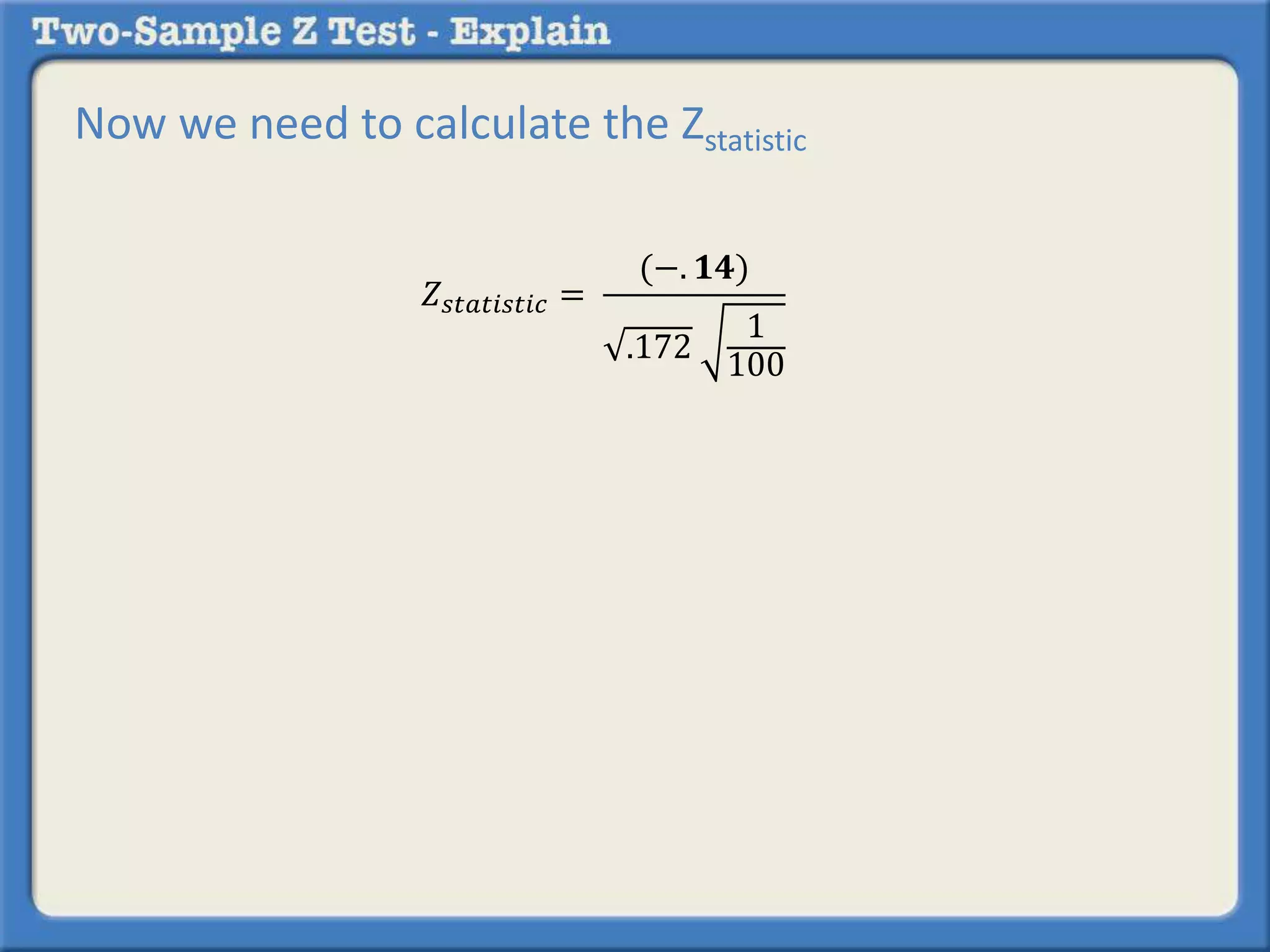 𝑍𝑠𝑡𝑎𝑡𝑖𝑠𝑡𝑖𝑐 =
(−. 𝟏𝟒)
.172
1
100
Now we need to calculate the Zstatistic
 