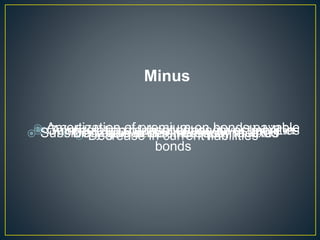 • Increase in current assets
Minus
 Decrease in current liabilities
 Amortization of premium on bonds payable Amortization of discount on investment in
bonds
 Decrease in deferred income taxes Gain(net) on disposal of assets or liabilities Subsidiary gain under the equity method
 