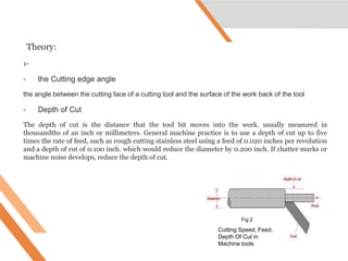 Theory:
1-
• the Cutting edge angle
the angle between the cutting face of a cutting tool and the surface of the work back of the tool
• Depth of Cut
The depth of cut is the distance that the tool bit moves into the work. usually measured in
thousandths of an inch or millimeters. General machine practice is to use a depth of cut up to five
times the rate of feed, such as rough cutting stainless steel using a feed of 0.020 inches per revolution
and a depth of cut of 0.100 inch. which would reduce the diameter by 0.200 inch. If chatter marks or
machine noise develops, reduce the depth of cut.
Fig 2
Cutting Speed, Feed,
Depth Of Cut in
Machine tools
 