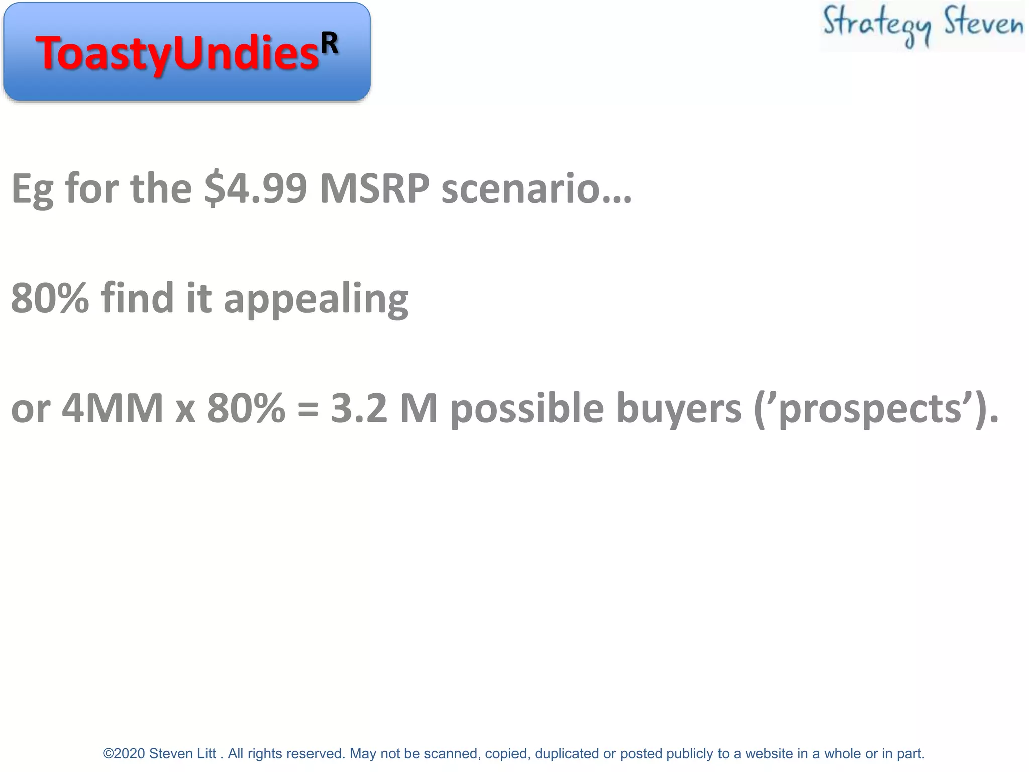 Eg for the $4.99 MSRP scenario…
80% find it appealing
or 4MM x 80% = 3.2 M possible buyers (’prospects’).
ToastyUndiesR
©2020 Steven Litt . All rights reserved. May not be scanned, copied, duplicated or posted publicly to a website in a whole or in part.
 