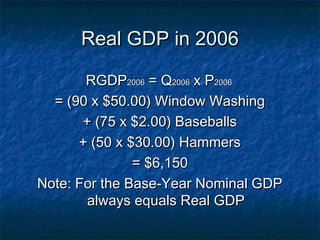 Real GDP in 2006

       RGDP2006 = Q2006 x P2006
  = (90 x $50.00) Window Washing
       + (75 x $2.00) Baseballs
      + (50 x $30.00) Hammers
               = $6,150
Note: For the Base-Year Nominal GDP
        always equals Real GDP
 
