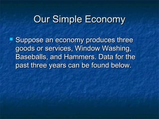 Our Simple Economy
   Suppose an economy produces three
    goods or services, Window Washing,
    Baseballs, and Hammers. Data for the
    past three years can be found below.
 