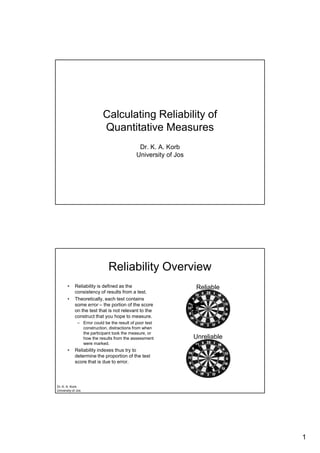 1
Calculating Reliability of
Quantitative Measures
Dr. K. A. Korb
University of Jos
Reliability Overview
• Reliability is defined as the
consistency of results from a test.
• Theoretically, each test contains
some error – the portion of the score
on the test that is not relevant to the
construct that you hope to measure.
– Error could be the result of poor test
construction, distractions from when
the participant took the measure, or
how the results from the assessment
were marked.
• Reliability indexes thus try to
determine the proportion of the test
score that is due to error.
Unreliable
Reliable
Dr. K. A. Korb
University of Jos
 