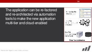 38

The application can be re-factored
and re-architected via automation
tools to make the new application
multi-tier and cloud-enabled

Mobilize.Net: Migrate to web, mobile, and cloud

 