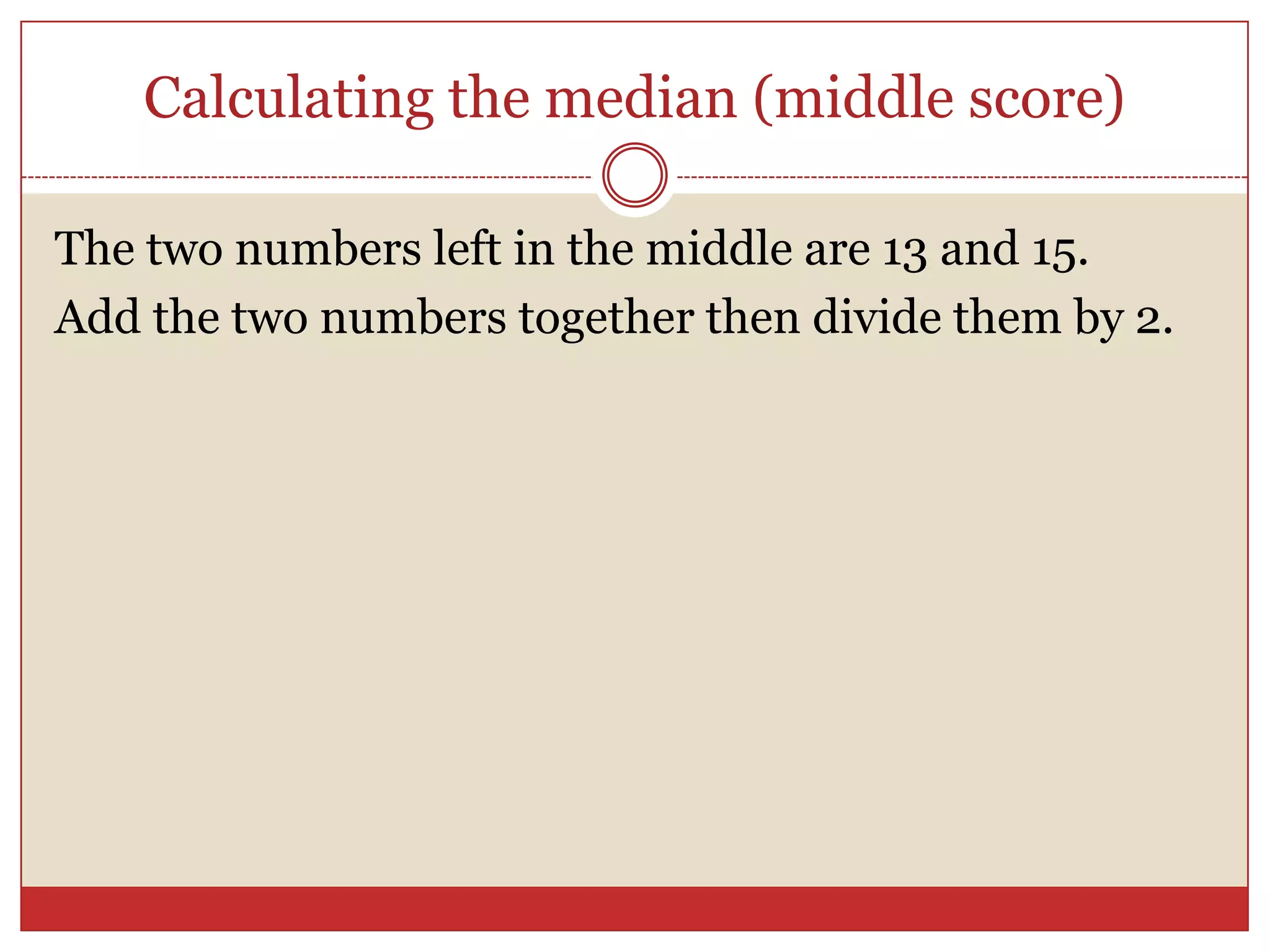 Calculating the median (middle score)The two numbers left in the middle are 13 and 15.Add the two numbers together then divide them by 2.