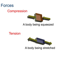 Forces
   Compression


             A body being squeezed


   Tension



              A body being stretched
 