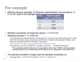 For example


With the previous example, if I did three repeat titrations all accurate to +/0.10 cm3, what is the average titre?
Trial
Volume added
(cm3) +/- 0.10 cm3
1
2



15.9

Absolute uncertainty of measured values = +/- 0.10 cm3
Standard deviation = +/- 0.25 cm3




To calculate standard deviation: Calculate the ‘variance’ by subtracting each value
from the average value, squaring it and then averaging the squared values; now
take the quare root of the variance. See here:
http://www.mathsisfun.com/data/standard-deviation.html
Alternatively use the ‘STDEVP*’ function in Excel…. ‘=STDEVP(Range)’




15.4

3


15.7

This calculates standard deviation of a population, rather than ‘STDEV’ which calculates
standard deviation of a sample (see the link above for an explanation of the difference).

The standard deviation is larger than the absolute uncertainty so:


Average titre = (15.7+15.4+15.9)/3 = (15.7 +/- 0.30) cm3

 