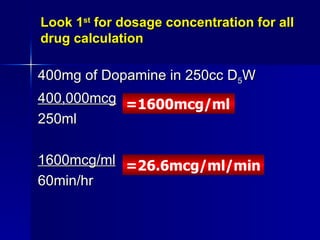 Look 1 st  for dosage concentration for all drug calculation <ul><li>400mg of Dopamine in 250cc D 5 W </li></ul><ul><li>40...