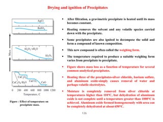 126
Drying and ignition of Precipitates
 After filtration, a gravimetric precipitate is heated until its mass
becomes con...