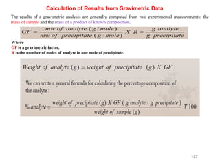 127
Calculation of Results from Gravimetric Data
The results of a gravimetric analysis are generally computed from two exp...