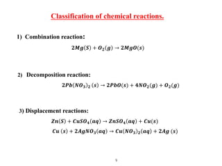 9
Classification of chemical reactions.
1) Combination reaction:
𝟐𝑴𝒈 𝑺 + 𝑶𝟐 𝒈 → 𝟐𝑴𝒈𝑶(𝒔)
2) Decomposition reaction:
𝟐𝑷𝒃 𝑵𝑶𝟑...