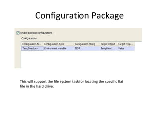 Configuration Package This will support the file system task for locating the specific flat file in the hard drive. 