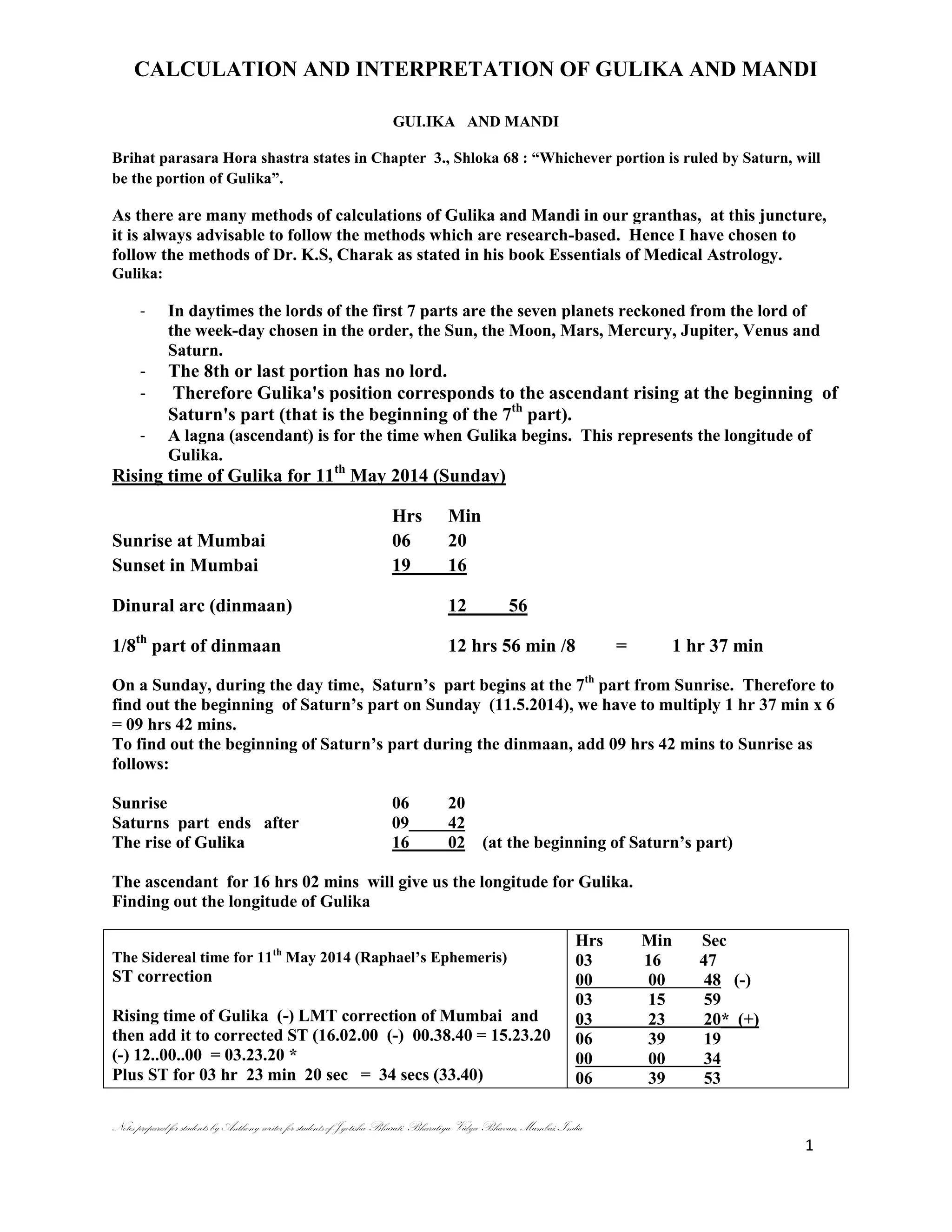 CALCULATION AND INTERPRETATION OF GULIKA AND MANDI
Notes prepared for students by Anthony writer for students of Jyotisha Bharati, Bharatiya Vidya Bhavan, Mumbai, India
1
GUI.IKA AND MANDI
Brihat parasara Hora shastra states in Chapter 3., Shloka 68 : ―Whichever portion is ruled by Saturn, will
be the portion of Gulika‖.
As there are many methods of calculations of Gulika and Mandi in our granthas, at this juncture,
it is always advisable to follow the methods which are research-based. Hence I have chosen to
follow the methods of Dr. K.S, Charak as stated in his book Essentials of Medical Astrology.
Gulika:
- In daytimes the lords of the first 7 parts are the seven planets reckoned from the lord of
the week-day chosen in the order, the Sun, the Moon, Mars, Mercury, Jupiter, Venus and
Saturn.
- The 8th or last portion has no lord.
- Therefore Gulika's position corresponds to the ascendant rising at the beginning of
Saturn's part (that is the beginning of the 7th
part).
- A lagna (ascendant) is for the time when Gulika begins. This represents the longitude of
Gulika.
Rising time of Gulika for 11th
May 2014 (Sunday)
Hrs Min
Sunrise at Mumbai 06 20
Sunset in Mumbai 19 16
Dinural arc (dinmaan) 12 56
1/8th
part of dinmaan 12 hrs 56 min /8 = 1 hr 37 min
On a Sunday, during the day time, Saturn‘s part begins at the 7th
part from Sunrise. Therefore to
find out the beginning of Saturn‘s part on Sunday (11.5.2014), we have to multiply 1 hr 37 min x 6
= 09 hrs 42 mins.
To find out the beginning of Saturn‘s part during the dinmaan, add 09 hrs 42 mins to Sunrise as
follows:
Sunrise 06 20
Saturns part ends after 09 42
The rise of Gulika 16 02 (at the beginning of Saturn‘s part)
The ascendant for 16 hrs 02 mins will give us the longitude for Gulika.
Finding out the longitude of Gulika
The Sidereal time for 11th
May 2014 (Raphael‘s Ephemeris)
ST correction
Rising time of Gulika (-) LMT correction of Mumbai and
then add it to corrected ST (16.02.00 (-) 00.38.40 = 15.23.20
(-) 12..00..00 = 03.23.20 *
Plus ST for 03 hr 23 min 20 sec = 34 secs (33.40)
Hrs Min Sec
03 16 47
00 00 48 (-)
03 15 59
03 23 20* (+)
06 39 19
00 00 34
06 39 53
 
