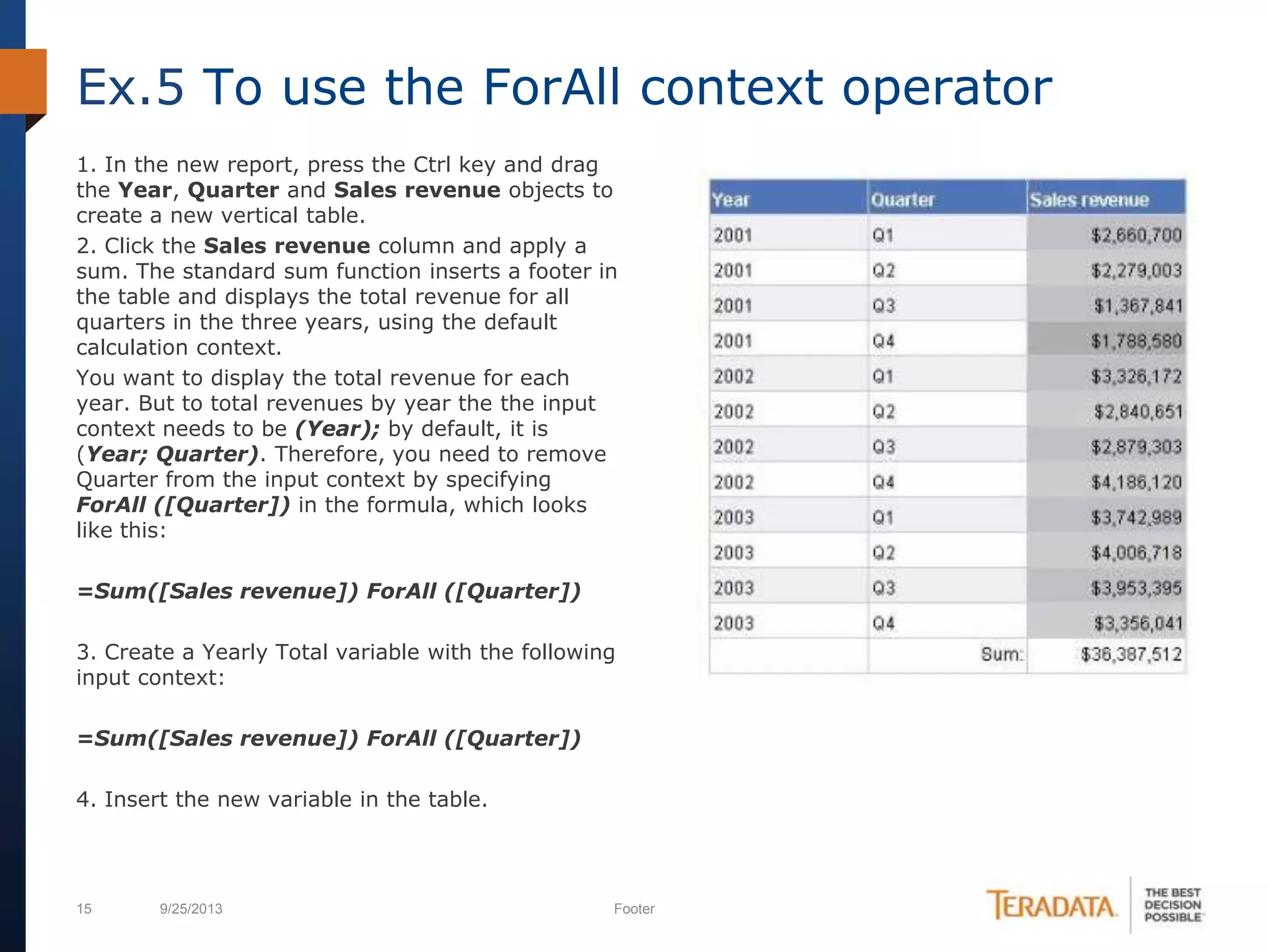 15 9/25/2013 Footer
1. In the new report, press the Ctrl key and drag
the Year, Quarter and Sales revenue objects to
create a new vertical table.
2. Click the Sales revenue column and apply a
sum. The standard sum function inserts a footer in
the table and displays the total revenue for all
quarters in the three years, using the default
calculation context.
You want to display the total revenue for each
year. But to total revenues by year the the input
context needs to be (Year); by default, it is
(Year; Quarter). Therefore, you need to remove
Quarter from the input context by specifying
ForAll ([Quarter]) in the formula, which looks
like this:
=Sum([Sales revenue]) ForAll ([Quarter])
3. Create a Yearly Total variable with the following
input context:
=Sum([Sales revenue]) ForAll ([Quarter])
4. Insert the new variable in the table.
Ex.5 To use the ForAll context operator
 
