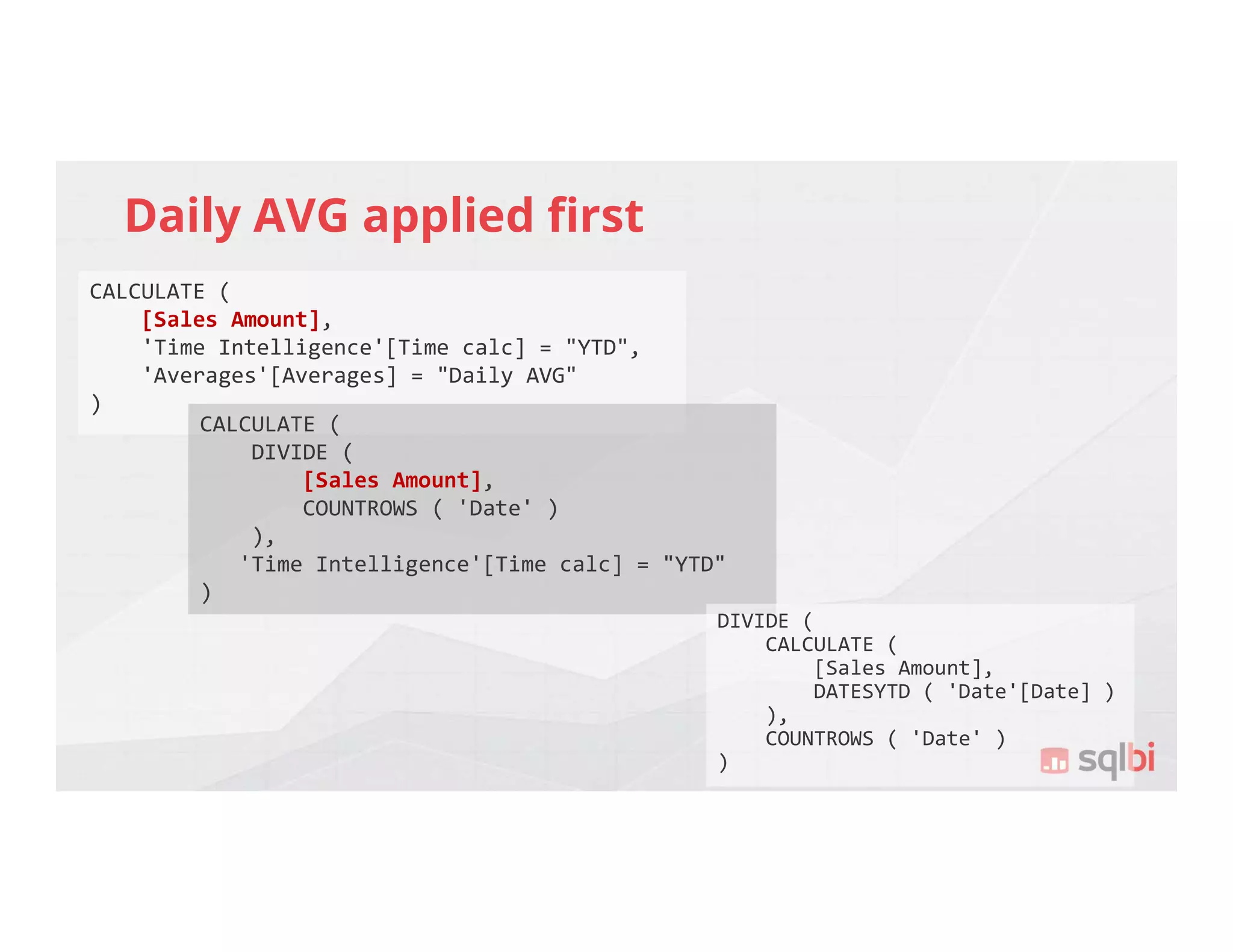 Daily AVG applied first
CALCULATE (
[Sales Amount],
'Time Intelligence'[Time calc] = "YTD",
'Averages'[Averages] = "Daily AVG"
)
CALCULATE (
DIVIDE (
[Sales Amount],
COUNTROWS ( 'Date' )
),
'Time Intelligence'[Time calc] = "YTD"
)
DIVIDE (
CALCULATE (
[Sales Amount],
DATESYTD ( 'Date'[Date] )
),
COUNTROWS ( 'Date' )
)
 