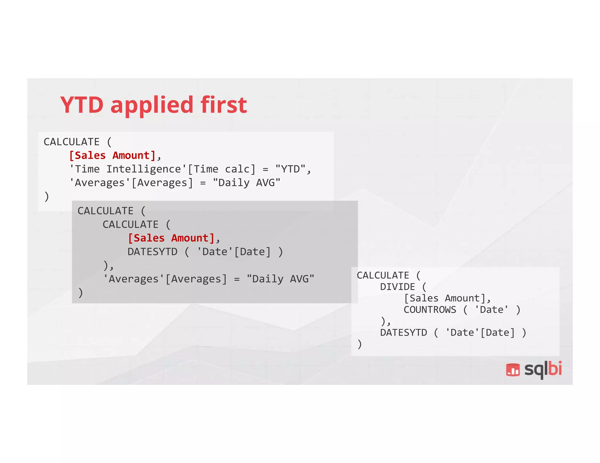 YTD applied first
CALCULATE (
[Sales Amount],
'Time Intelligence'[Time calc] = "YTD",
'Averages'[Averages] = "Daily AVG"
)
CALCULATE (
CALCULATE (
[Sales Amount],
DATESYTD ( 'Date'[Date] )
),
'Averages'[Averages] = "Daily AVG"
)
CALCULATE (
DIVIDE (
[Sales Amount],
COUNTROWS ( 'Date' )
),
DATESYTD ( 'Date'[Date] )
)
 
