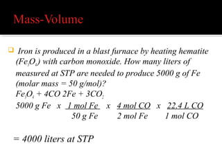 While studying the properties of gases, Joseph
Gay-Lussac, found that the ratio of the
volumes of gases that combine or are formed
in a chemical reaction can always be
expressed in small whole numbers. Thus in
solving volume-volume problems, the
coefficients of the gaseous reactants/products
can be taken as volumes provided the volumes
are measured at the same temperature and
pressure.
 