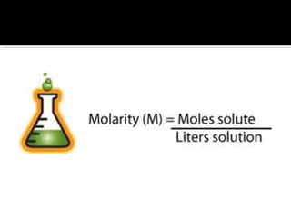 the ratio of moles to volume of
the solution
 the number of moles of a
substance per liter of solution.
 A 1.0 M solution contains 1
mole of solute per liter of
solution
 